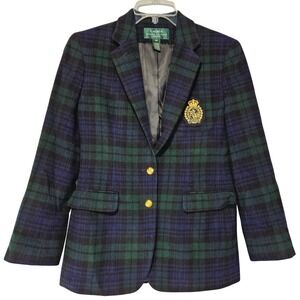 Lauren Ralph Lauren Women Blazer 6P Green Navy Plaid Cashmere Wool Crest Preppy‎